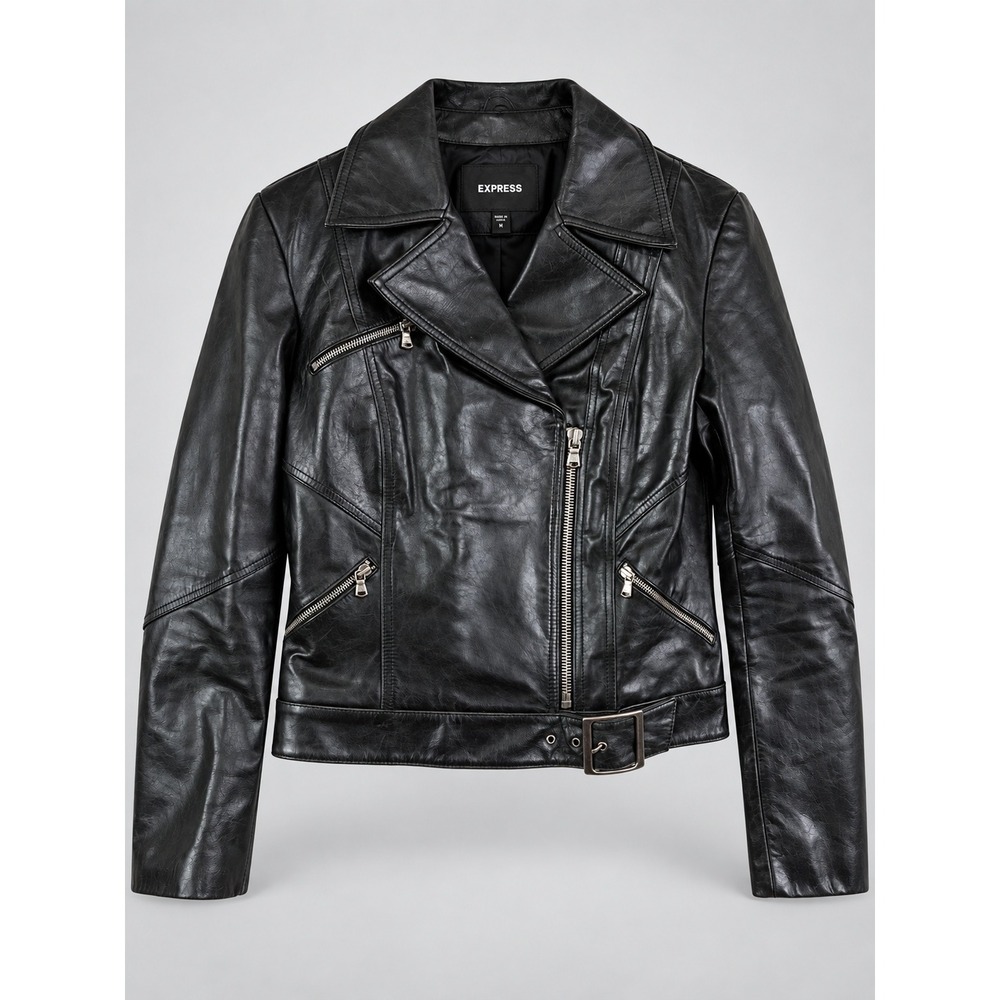 Express Biker Moto Jacket Women L Black Genuine Leather Belted Asymmetrical Y2K
